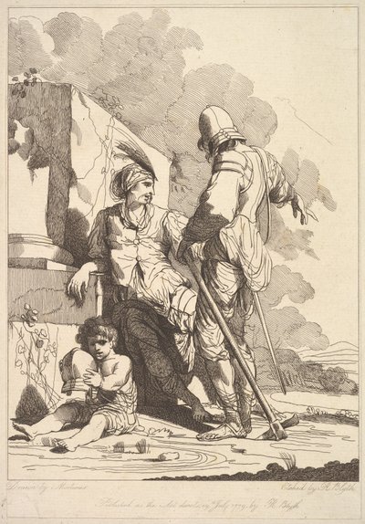 Twee soldaten en een kind met een helm door Robert Blyth