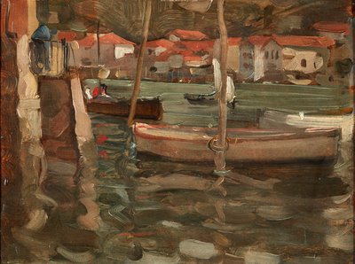Roeiboten bij een Havenkade, Concarneau door Robert Brough