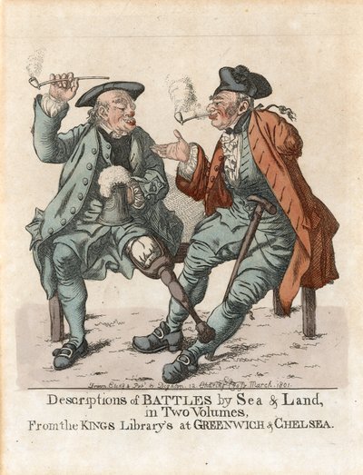 Advertentie voor Beschrijvingen van Zeeslagen en Landgevechten in Twee Delen, uit de Koninklijke Bibliotheken in Greenwich en Chelsea door Robert Dighton