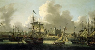 Zeilen in Londen, beschrijving van de Tower of London aan de linkerkant, verschillende boten van alle maten illustreren de grote rivieractiviteit op de Theems door Robert Dodd