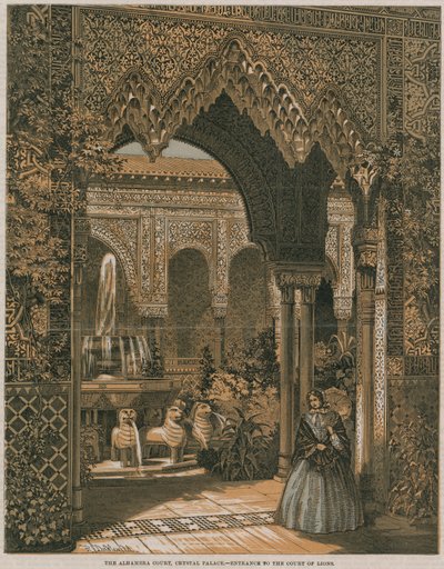 Het Alhambra Court, Crystal Palace; ingang van het Court of Lions (kleurenlitho) door Robert Dudley