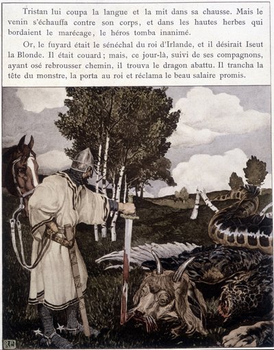 Tristan bij de dode draak - in Le Roman de Tristan et Iseult door Bédier, ill. door Robert Engels, ed. van Kunst, Parijs door Robert Engels