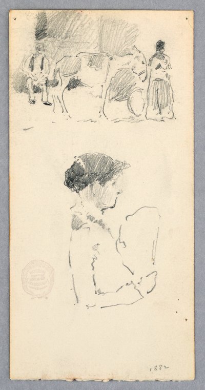 Tekening, Scène met ezel en twee figuren; vrouw met waaier, 1882 door Robert Frederick Blum