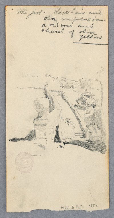 Tekening, Uitzicht vanaf een hooggelegen plek kijkend naar de stad (recto); Vrouw die een kruik vasthoudt (verso), 1882 door Robert Frederick Blum