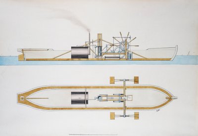 Stoomboot ontworpen door Robert Fulton, aquarel, Verenigde Staten door Robert Fulton