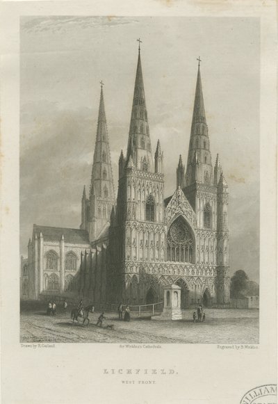 Lichfield Kathedraal - Westgevel (staalgravure, ca. 1835-1842) door Robert Garland