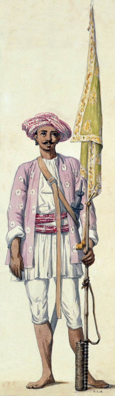 Indiase soldaat (raketman) van het leger van Tipu Sultan, die zijn raket als vlaggenmast gebruikt, Madras door Robert Home