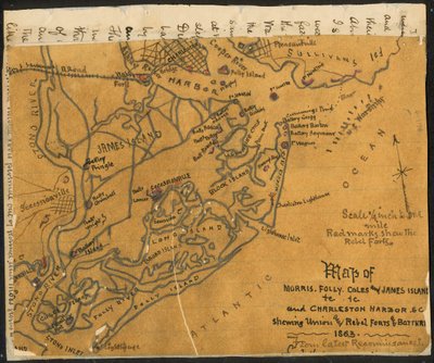 Kaart van Morris, Folly, Coles en James Island(s) etc., en Charleston Harbor S.C. met daarop (sic) forten en batterijen van de Unie en rebellen, 1864. LOC gvhs01.vhs00184 door Robert Knox Sneden