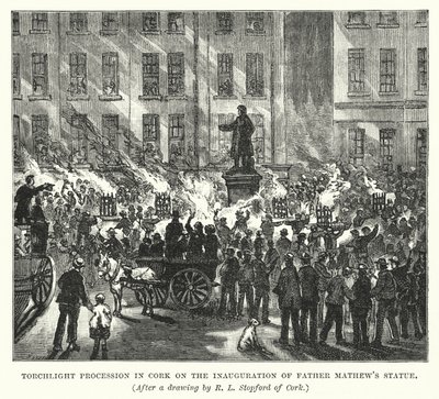 Fakkeloptocht in Cork bij de Inhuldiging van het Standbeeld van Vader Mathew (gravure) door Robert L. Stopford