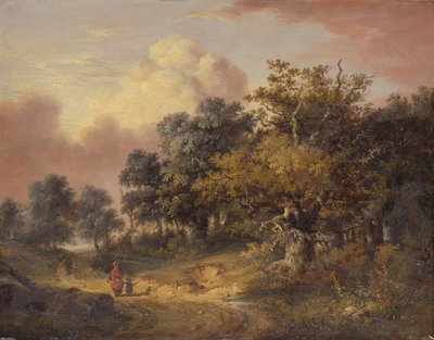 Boslandschap met vrouw en kind wandelend op een weg door Robert Ladbrooke