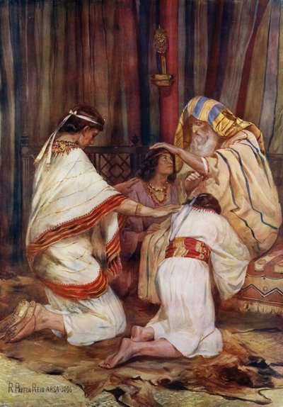 Jakob zegent zijn kleinzonen (kleur litho) door Robert Payton Reid