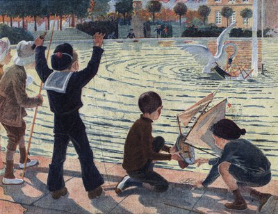 Een zwaan valt de boot van een kind aan dat in de vijver van een park speelde met zijn kameraden. Illustratie door Robert Salles (1871-1929) in 