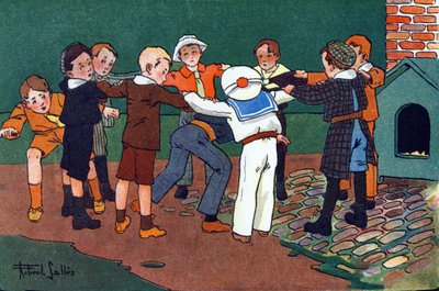 Kat en muis. Gravure in "Waar spelen we mee?" door E. Weber met aquareltekeningen van Robert Salles (1871-1929). Librairie Garnier Frères, Parijs door Robert Salles