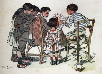 Kinderboek “Ik zal lezen - Methodisch en leuk alfabet door een vader” 1926. Illustratie door Robert Salles (1871-1929). Een vader leert kinderen lezen door Robert Salles