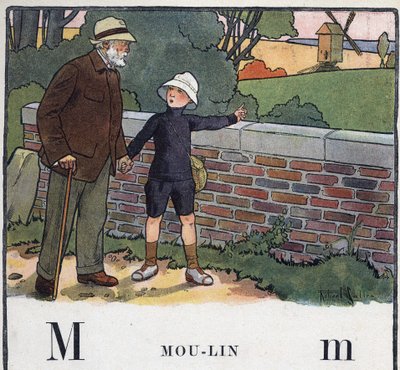 Kinderboek “Ik zal lezen - Methodisch en leuk alfabet door een vader” 1926. Illustratie door Robert Salles (1871-1929). Abecedarium: letter M als Molen. Een jongen loopt met zijn grootvader. Hij wijst naar een windmolen door Robert Salles