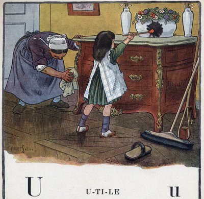 Kinderboek “Ik zal lezen - Methodisch en leuk alfabet door een vader” 1926. Illustratie door Robert Salles (1871-1929). Abecedarium: letter U als Nuttig. Een meisje helpt met schoonmaken en stof afnemen door Robert Salles