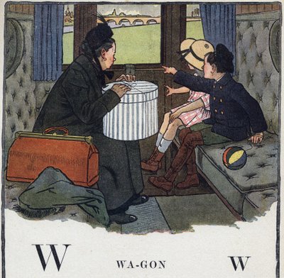 Kinderboek “Ik zal lezen - Methodisch en leuk alfabet door een vader” 1926. Illustratie door Robert Salles (1871-1929). Abecedarium: letter W als Wagon. Twee kinderen reizen met hun moeder in een treincoupé door Robert Salles