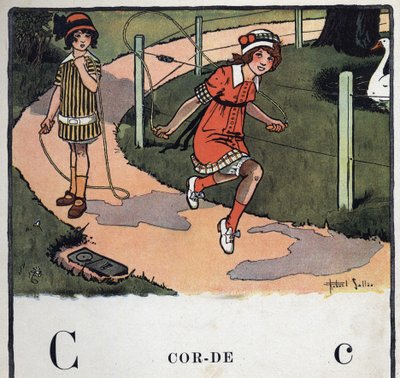 Kinderboek “Ik zal lezen - Methodisch en leuk alfabet door een vader” 1926. Illustratie door Robert Salles (1871-1929). Abecedarium: letter C als Touw. Twee meisjes spelen touwtje springen door Robert Salles