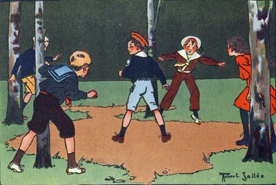 Vier hoeken. Gravure in "Waar spelen we mee?" door E. Weber met aquareltekeningen van Robert Salles (1871-1929). Librairie Garnier Freres, Parijs door Robert Salles