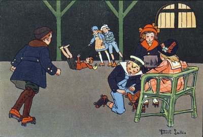 Rolschaatsen. Gravure in "Wat spelen we?" door E. Weber met aquareltekeningen van Robert Salles (1871-1929). Librairie Garnier Freres, Parijs door Robert Salles