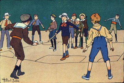 Theque (teamspel met bal en stok). Gravure in "Wat spelen we?" door E. Weber met aquareltekeningen van Robert Salles (1871-1929). Librairie Garnier Freres, Parijs door Robert Salles