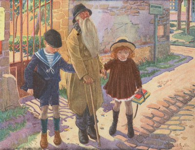 Twee kinderen helpen een oude blinde man nadat hij zijn stok is kwijtgeraakt (kleurenlitho) door Robert Salles