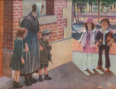 Twee rijke kinderen ontmoeten een arme moeder en haar kinderen die op straat bedelen (kleurenlitho) door Robert Salles