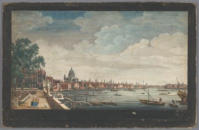 Gezicht op de London Bridge over de rivier de Theems te Londen, gezien vanaf de tuin van Somerset House door Robert Sayer