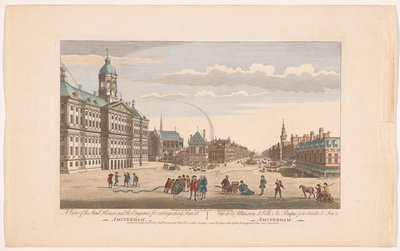 Gezicht op het Stadhuis te Amsterdam met brandweerlieden op de Dam door Robert Sayer
