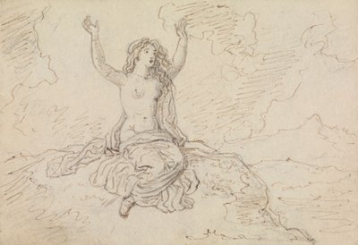Studie van een halfnaakte vrouw, zittend, met haar armen boven haar hoofd door Robert Smirke