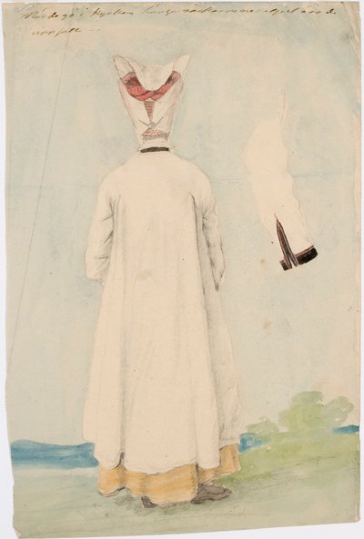 Vrouw in nationaal kostuum staand op haar rug door Robert Wilhelm Ekman
