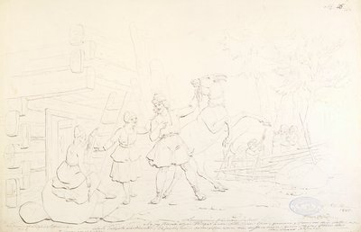 Lemminkäinen en Hiiden Hirvi ; Originele tekening voor de serie "Kalewala, Finsk National-dikt, framställd i teckningar af R.W.Ekman". door Robert Wilhelm Ekman