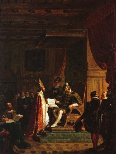 Mikael Agricola overhandigt de Finse NT aan koning Gustav Vasa door Robert Wilhelm Ekman