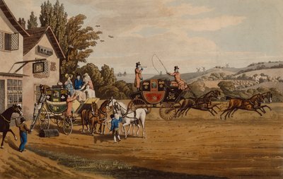 Een Londense post- en stagecoach door Robert the Elder Havell