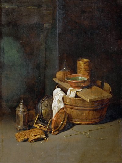 Stilleven met huishoudelijke voorwerpen door Robert van den Hoecke