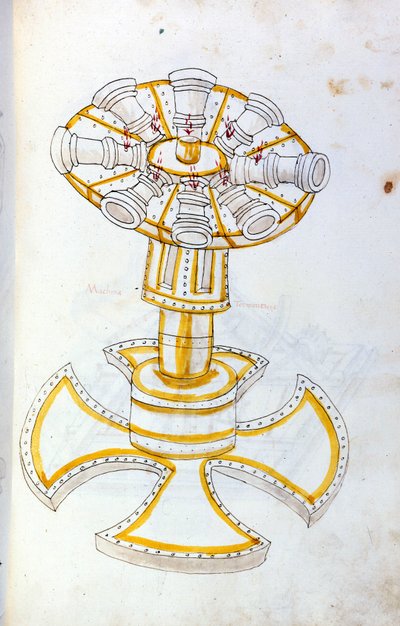 Kunst van de oorlog: studie over militaire machines. draaiend kanon, illustratie uit 