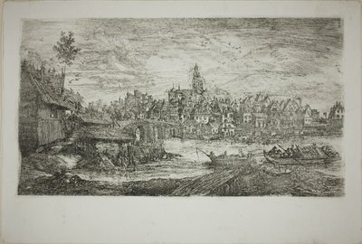 Stad met stenen brug door Rodolphe Bresdin