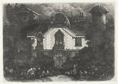 Huis met toren achter een hek en herderin met vee door Rodolphe Bresdin