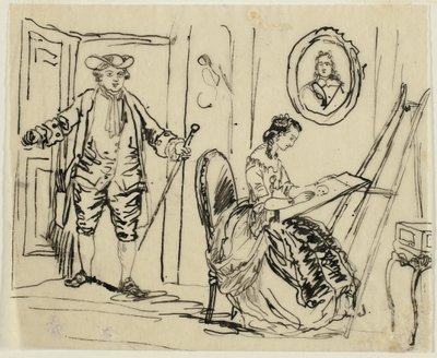 Interieur met man en vrouw in achttiende-eeuwse kleding door Rodolphe Bresdin