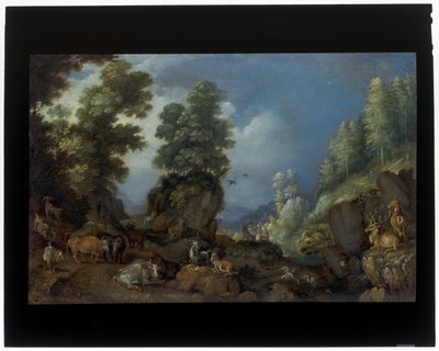 Een rotsachtig landschap met dieren door Roelandt Jacobsz. Savery
