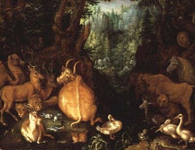 Dieren en vogels in een boslandschap door Roelandt Jacobsz. Savery