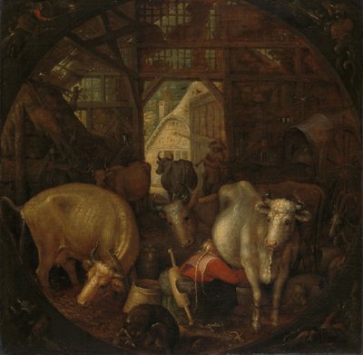 Koeien in een stal; Heksen in de vier hoeken door Roelandt Jacobsz. Savery
