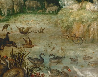 De vijver. Drinkende dieren, zwemmende eenden, een eenhoorn op de achtergrond (schilderij op canvas) door Roelandt Jacobsz. Savery