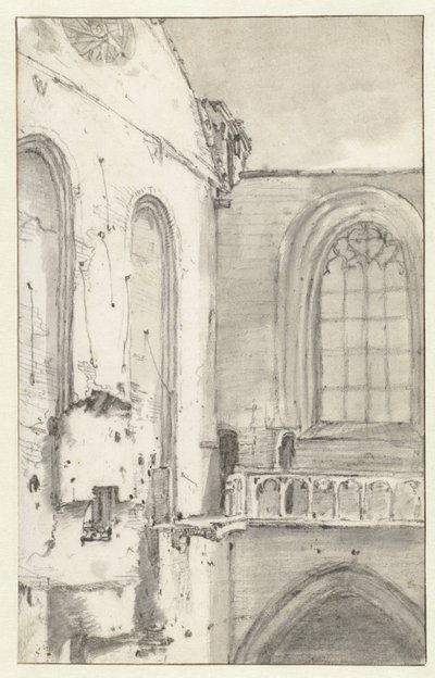 Uitzicht op het transept van de Nieuwe Kerk, Amsterdam, na de brand van 1645 door Roelant Roghman (attributed to)