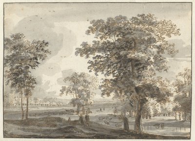 Boslandschap met herders bij een rivier door Roelant Roghman