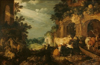 Landschap met ruïnes, vee en herten door Roelant Savery