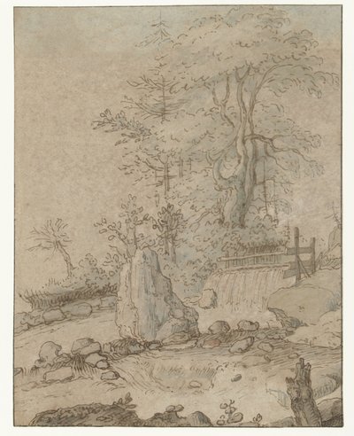 Rotsachtig landschap met waterval door Roelant Savery
