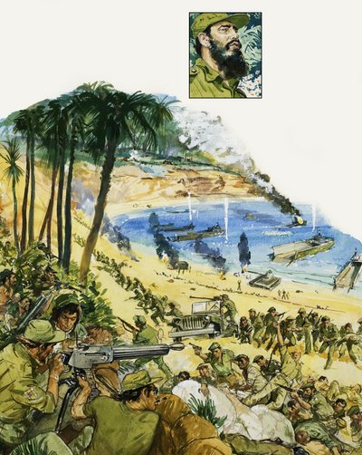 Een tragische blunder, de invasie in de Varkensbaai (gouache op papier) door Roger Payne