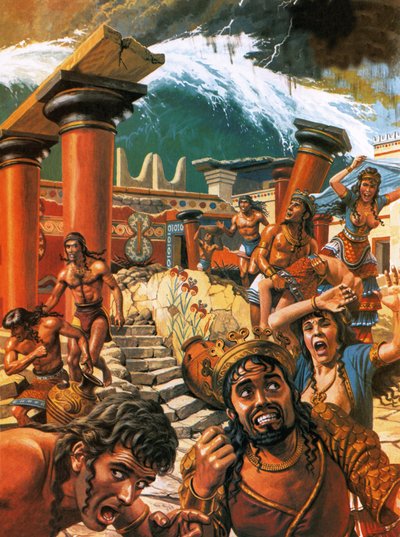 Een vloedgolf verwoest een stad op Kreta in de 15e eeuw voor Christus door Roger Payne