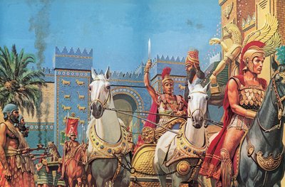 Alexander de Grote, gedragen in zijn strijdwagen, rijdt in triomf Babylon binnen (kleurenlitho) door Roger Payne